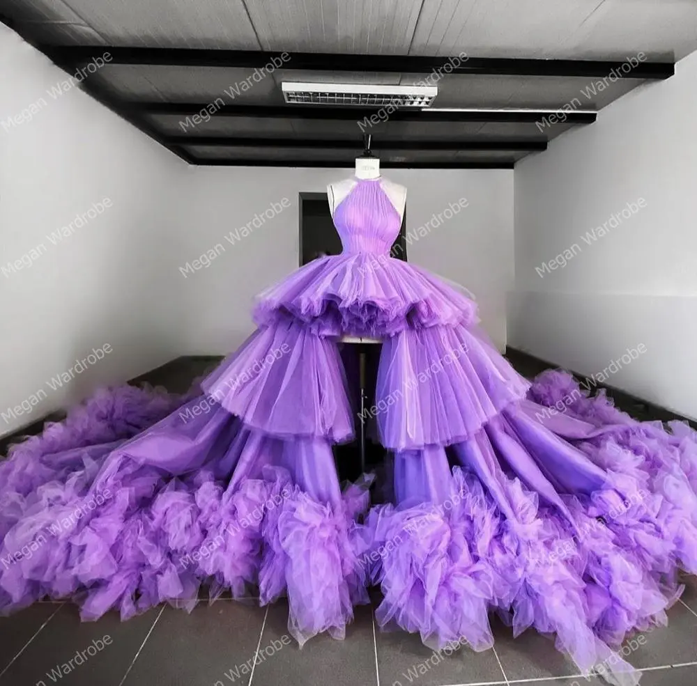 Luxury Puffy Tulle Dresses Hi Low Mini Length Long Train Strapless Custom Made Plus Size Girls Women Fluffy Tulle Party Gown