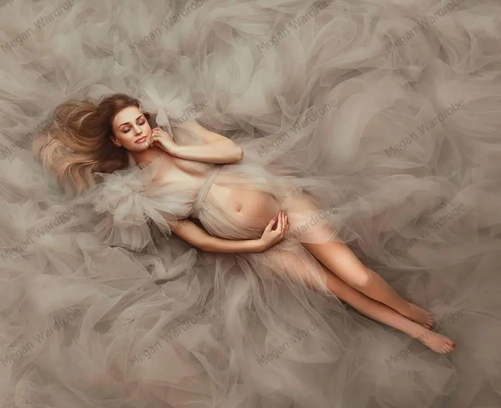 Elegant Soft Tulle Maternity Dresses Sleeveless Puffy Long Sexy See Through Custom Made Tulle Maternity Robes For Photography