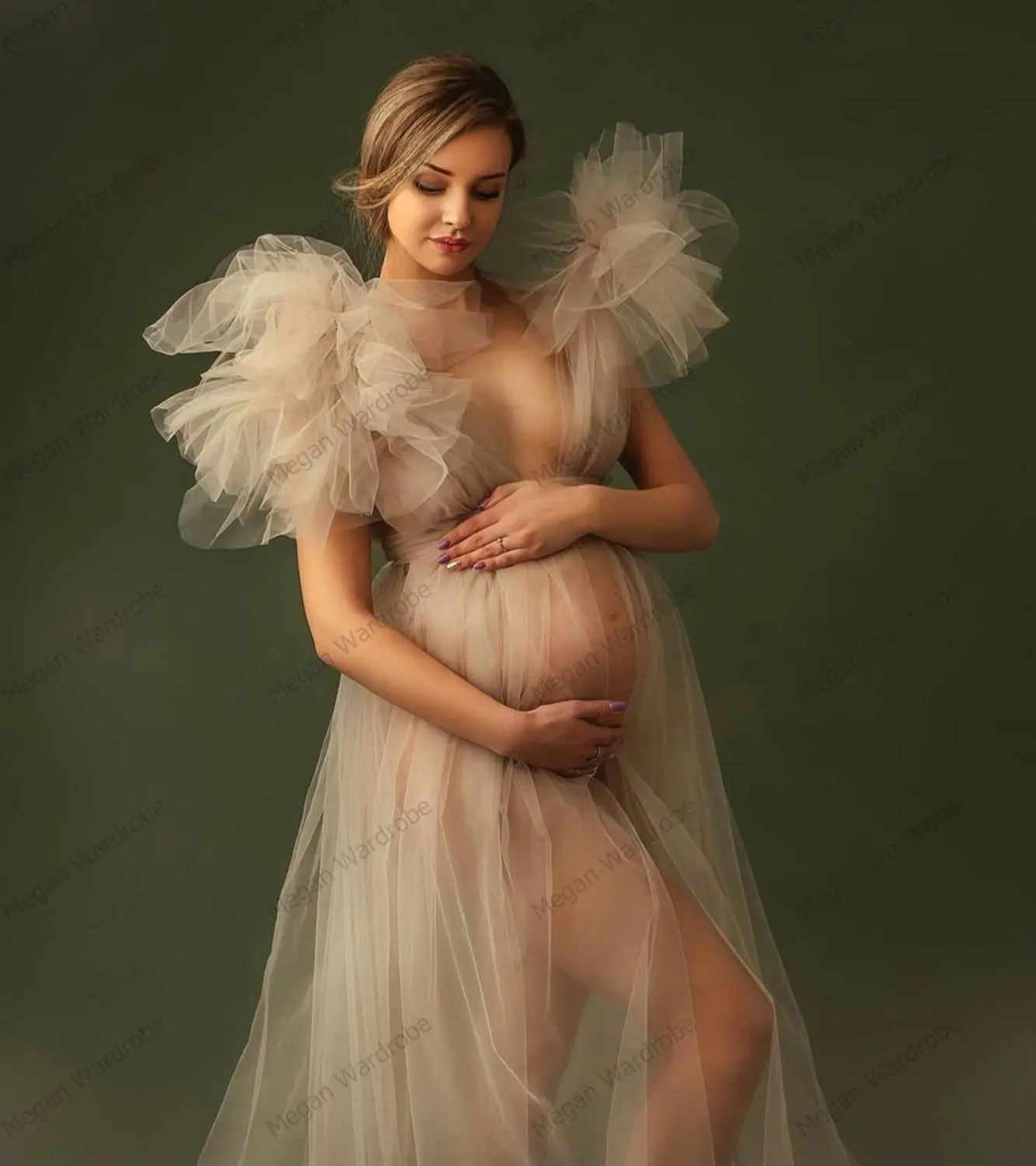 Elegant Soft Tulle Maternity Dresses Sleeveless Puffy Long Sexy See Through Custom Made Tulle Maternity Robes For Photography