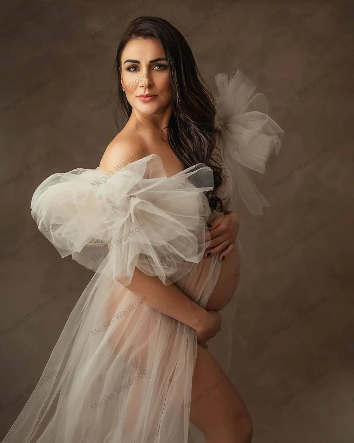 Elegant Soft Tulle Maternity Dresses Sleeveless Puffy Long Sexy See Through Custom Made Tulle Maternity Robes For Photography
