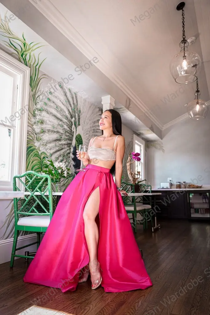 Elegant Rose Red Stain Skirt Women High Slit Floor Length Casual Skirts Szoknya Lace-up Waist Long Summer Skirts Custom Made