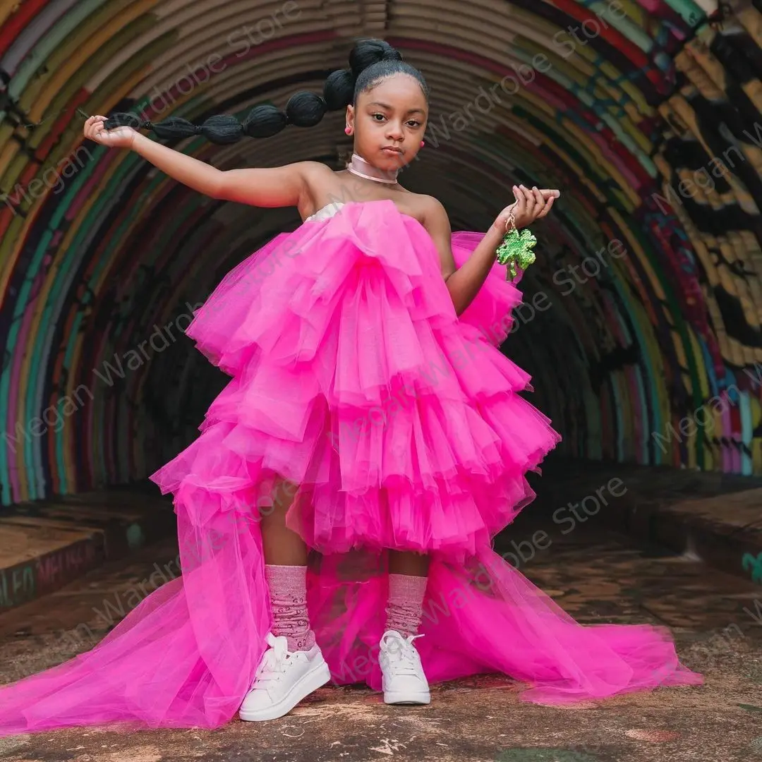 Lovely Hot Pink Puffy Tiered Ruffled Tulle Dress Girls Lastic Waist Straplss Hi Low Long Tulle Dresses For Birthday Party Dress