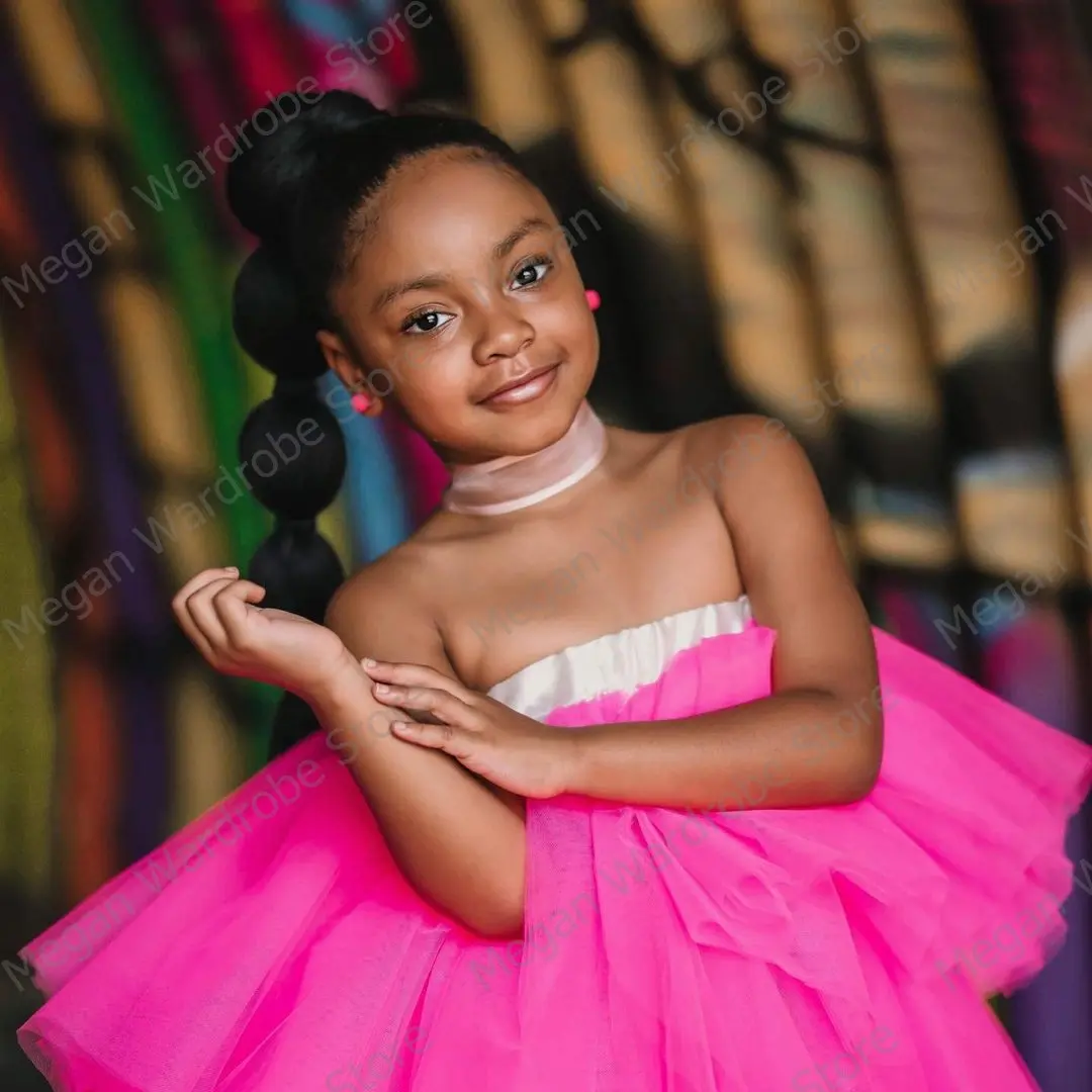 Lovely Hot Pink Puffy Tiered Ruffled Tulle Dress Girls Lastic Waist Straplss Hi Low Long Tulle Dresses For Birthday Party Dress