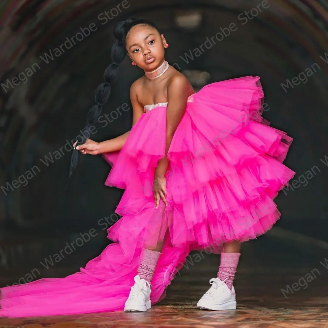 Lovely Hot Pink Puffy Tiered Ruffled Tulle Dress Girls Lastic Waist Straplss Hi Low Long Tulle Dresses For Birthday Party Dress
