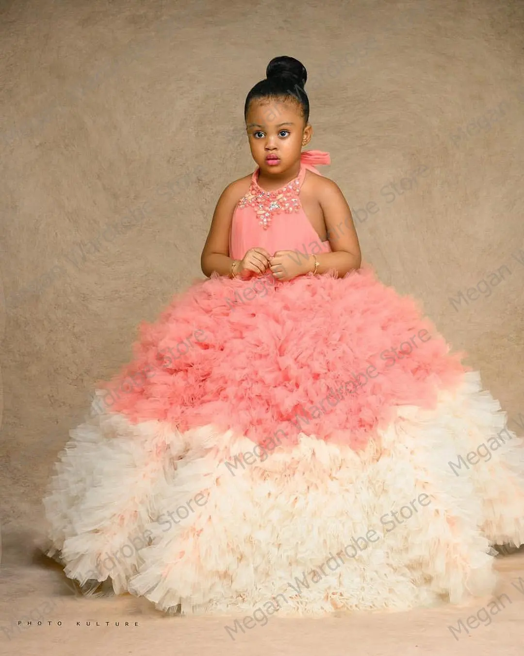 Extra Puffy Sweety Pink A-Line Flower Girls Ball Gowns Sleeveless Halter Tie Tiered Ruffles Pleated Long Kids Birthday Dresses