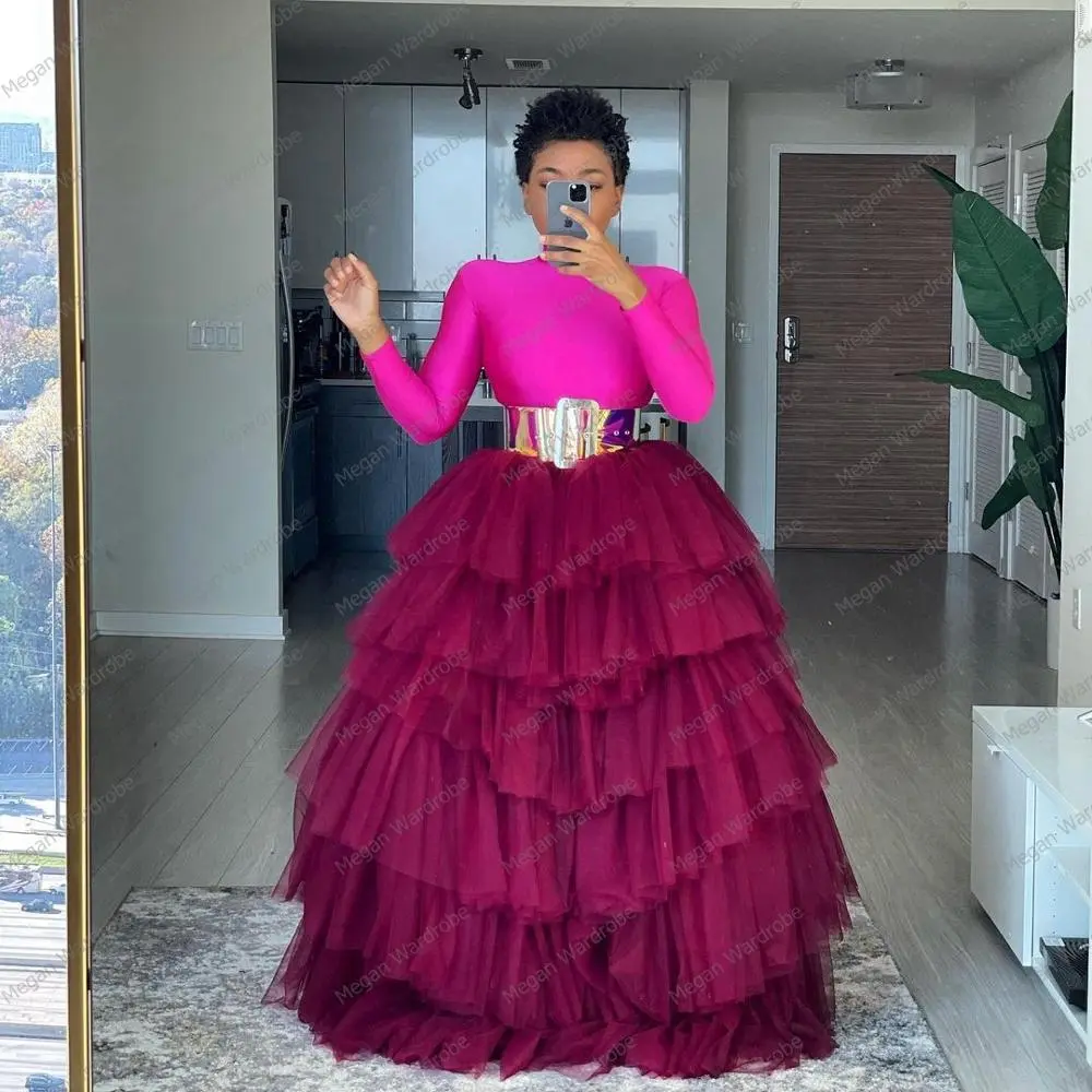 Boho Elegant Deep Burgundy Puffy Skirts Tulle Tutu Skirts Photo-shoots Chic Ruffled Lastic Waist Long Skirts Plus Size Faldas