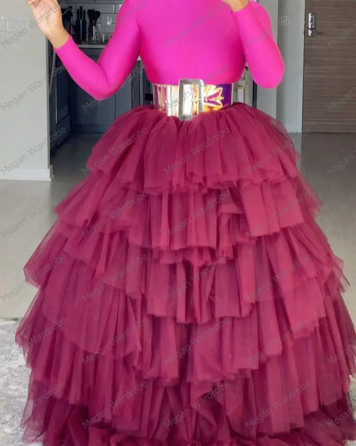 Boho Elegant Deep Burgundy Puffy Skirts Tulle Tutu Skirts Photo-shoots Chic Ruffled Lastic Waist Long Skirts Plus Size Faldas