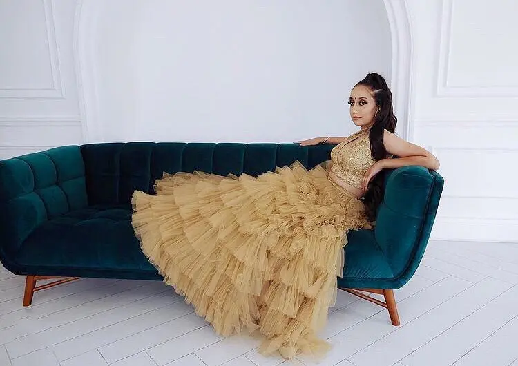 Champagne Tulle Ruffle Maxi Skirt Women's High Waist Layered Tutu Skirt Elegant Party Skirt for Women Fashionable Skirt Made