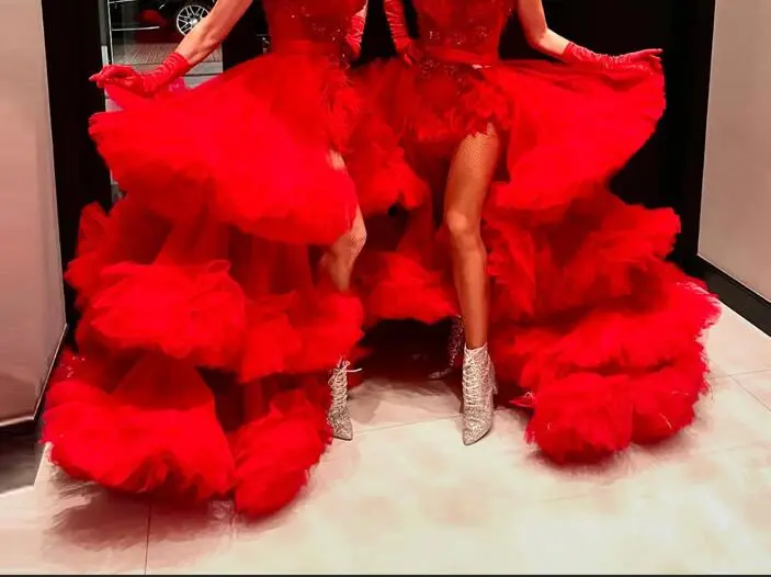 Women's Red Tulle Skirt with Layered Ruffles and Sequins Detailing for Special Occasions High-Quality Polyester Fabric Skirt