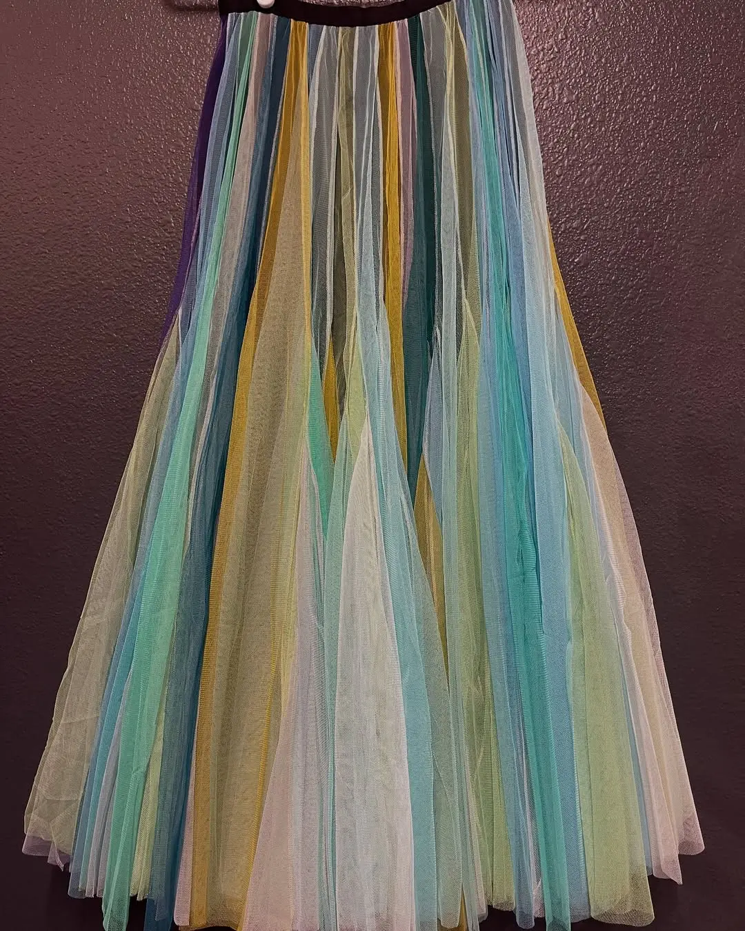 Trendy Rainbow Color Mesh Splicing Elastic Waist Multi-Layers Big Swing Pleated Skirt Mixed-Color Long Summer Skirts Custom Made