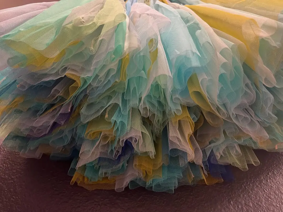 Trendy Rainbow Color Mesh Splicing Elastic Waist Multi-Layers Big Swing Pleated Skirt Mixed-Color Long Summer Skirts Custom Made