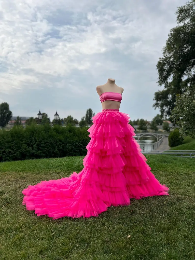 Women's Pink Tulle Layered Skirt High Waist A-line Midi Skirt for Party and Evening Wear Bridal Wedding Skirts Prom Skirt 2025