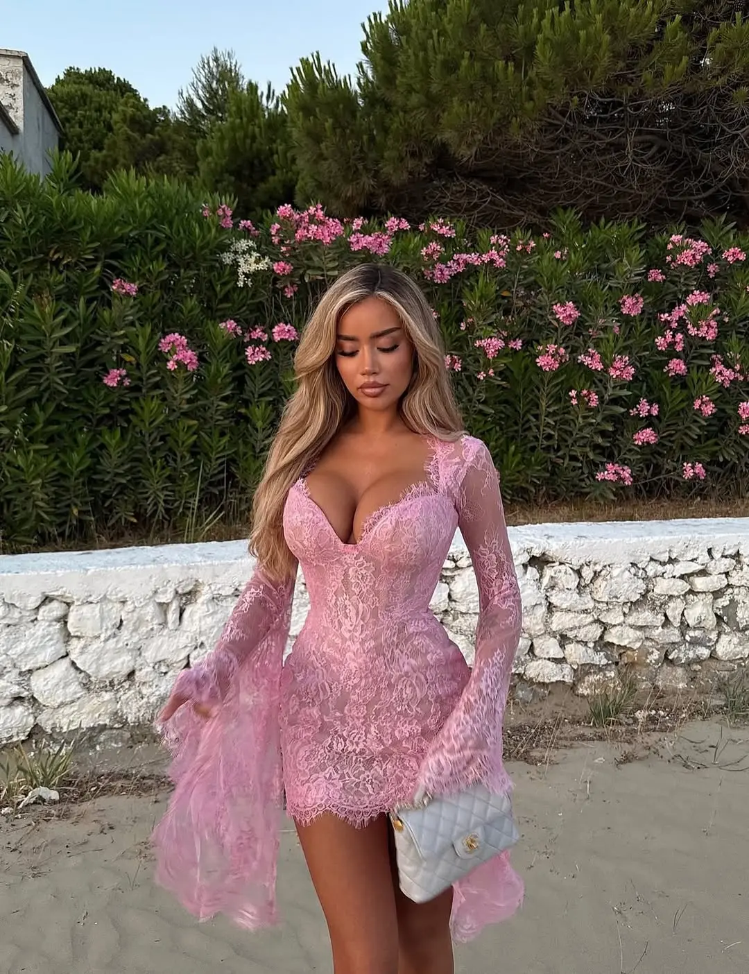 Sexy Pink Lace Dress Women Long Sleeve Deep V Neck Bodycon Mini Dresses Elegant Floral Lace Fabric Party Club Wear Fashion Cloth