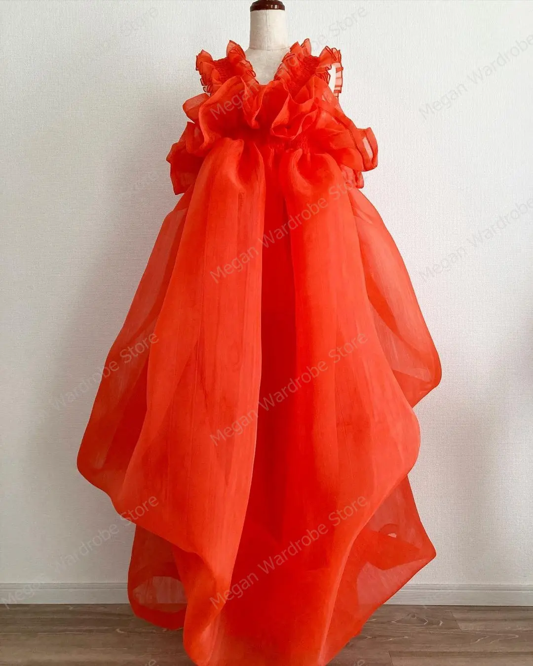 Puffy Ruffle Flower Women Summer Dresses Coral Red Organza Short Prom Party Gowns Real Image A Line Brithday Photography Dress