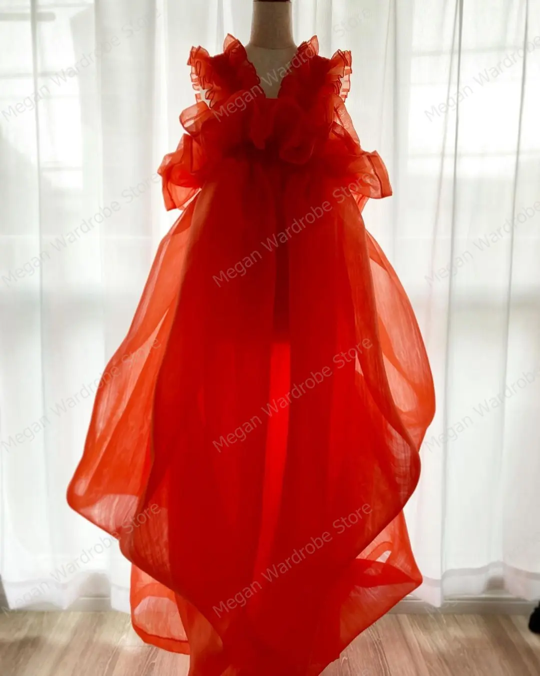 Puffy Ruffle Flower Women Summer Dresses Coral Red Organza Short Prom Party Gowns Real Image A Line Brithday Photography Dress