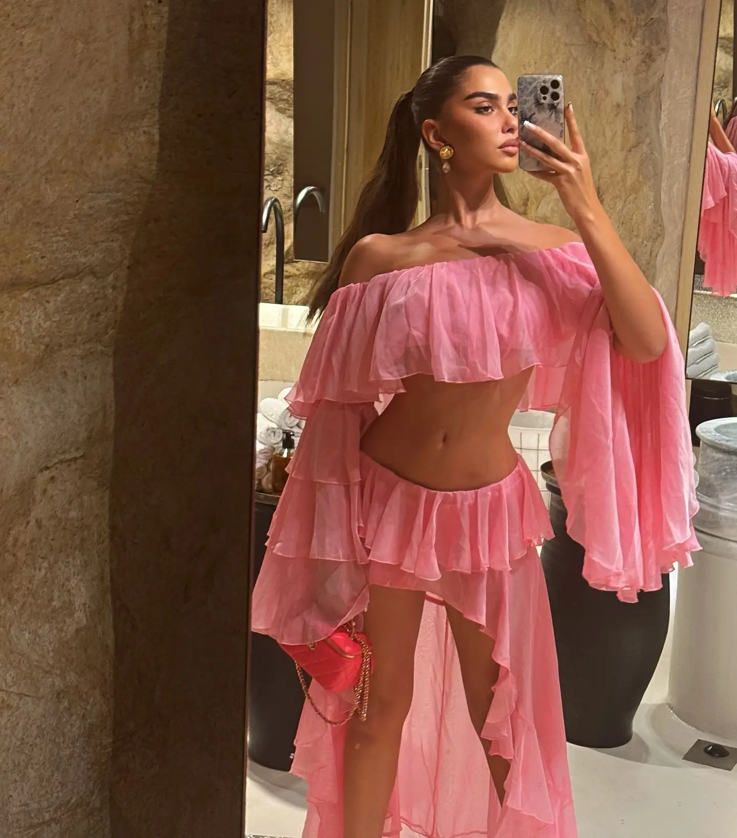 Off-shoulder Butterfly Sleeve Vintage Solid Summer Dress Women Top and Skirts Beach Holiday Pink Women Sets Hi-Low Ruffle Tulle
