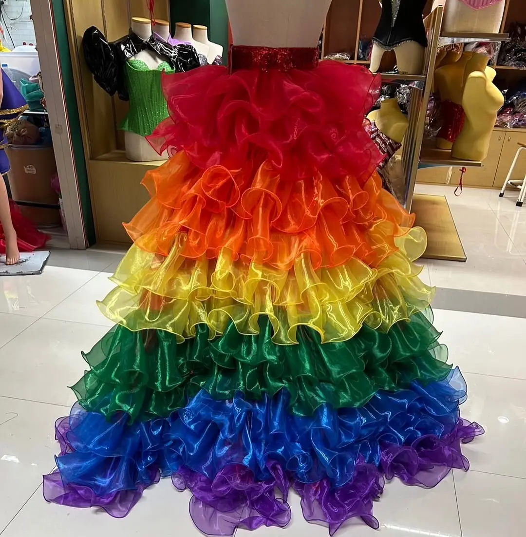 Rainbow Organza Ruffle Skirt Women's Fashionable Layered Skirt for Party and Dance Wearable and Comfortable Design Evening Skirt