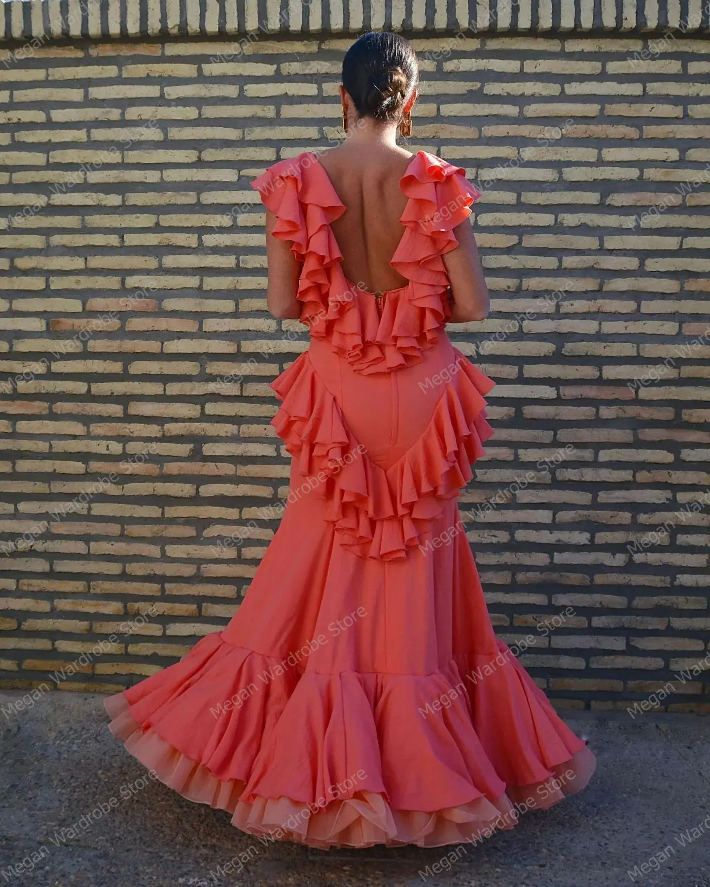 Elegant Coral Ruffles Satin Mermaid Evening Gowns Spanish Style Backless Long Prom Dress Women vestidos de noche Custom Made