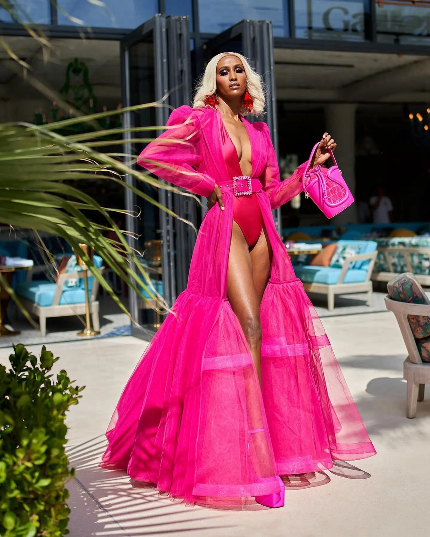 Women Sexy Fuchsia V-neck Long Sleeves Maxi Dress Elegant Patchwork Ruffles Slim Dresses Ruffled Tulle Summer Lady Party Robes
