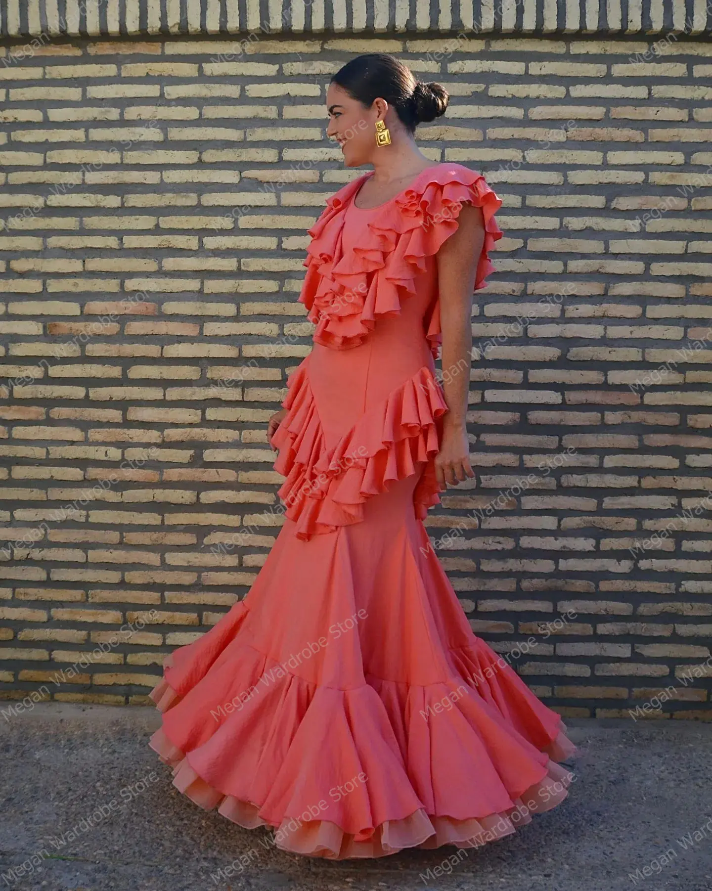 Elegant Coral Ruffles Satin Mermaid Evening Gowns Spanish Style Backless Long Prom Dress Women vestidos de noche Custom Made