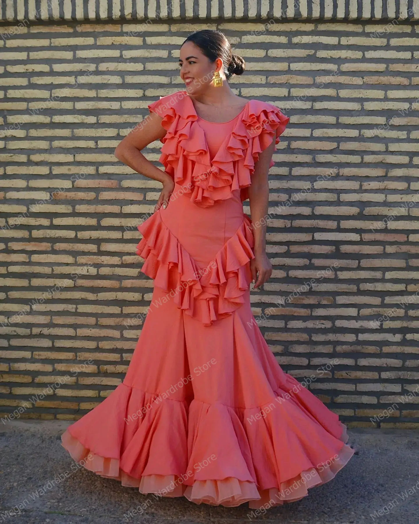 Elegant Coral Ruffles Satin Mermaid Evening Gowns Spanish Style Backless Long Prom Dress Women vestidos de noche Custom Made