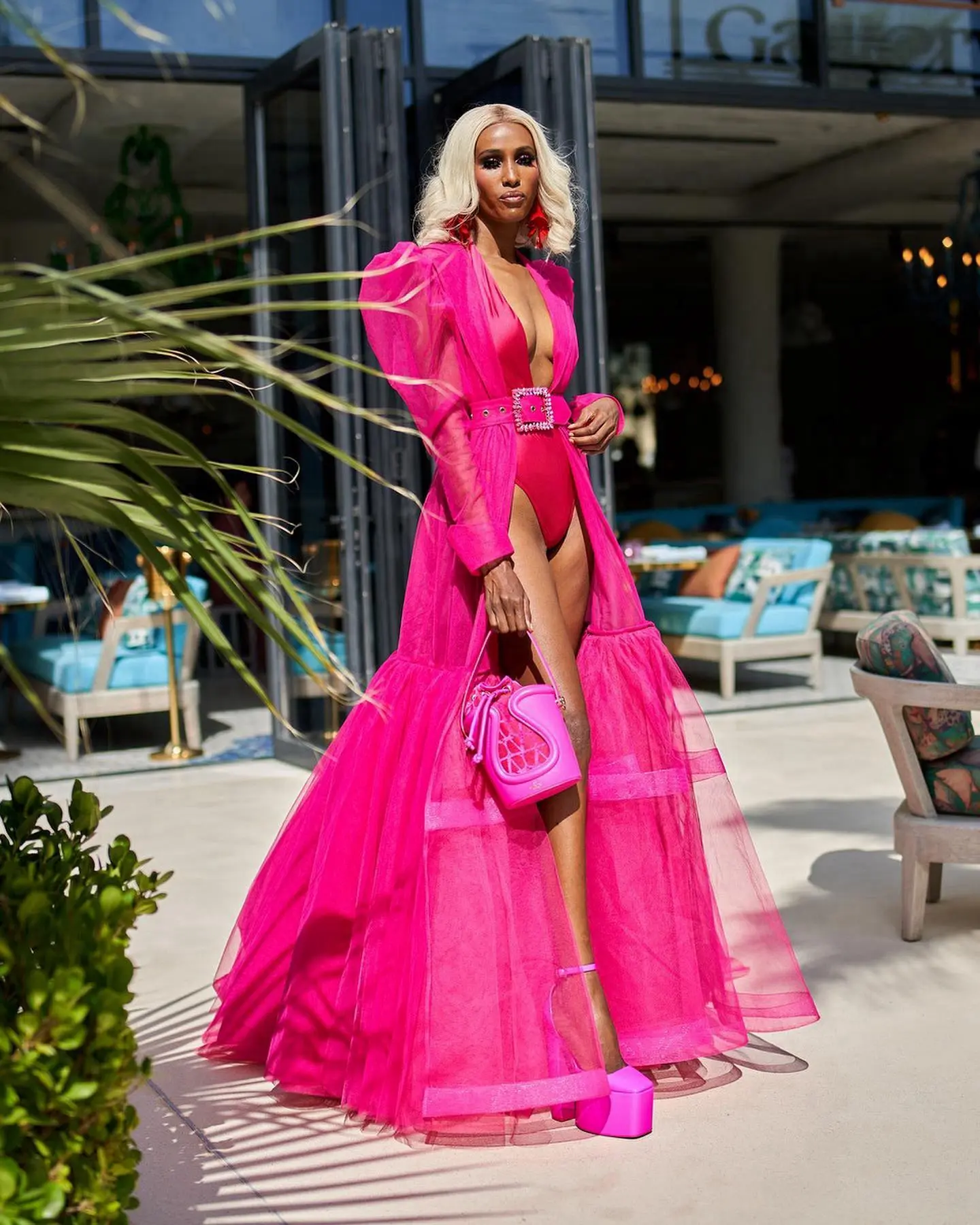 Women Sexy Fuchsia V-neck Long Sleeves Maxi Dress Elegant Patchwork Ruffles Slim Dresses Ruffled Tulle Summer Lady Party Robes