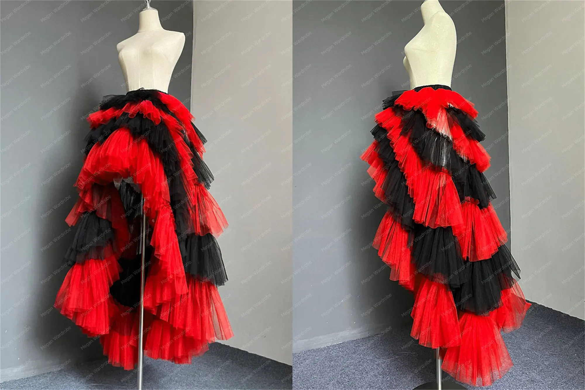 Custom Irregular Black And Red Tulle Skirts Hi Low   Detachable Layered Cake Skirt Bridal Skirts For Prom Party   Attached Train