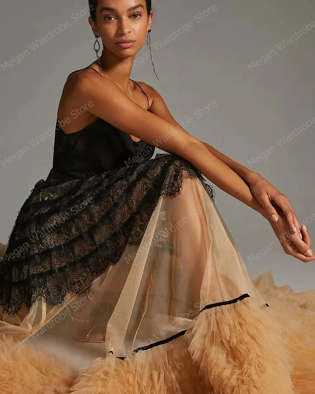 Elegant Ruffles Pleated Tulle Summer Skirts Women Black Lace Long Casual Skirt Elastic Waist Boho Beach Maxi Skirts Saias Femme