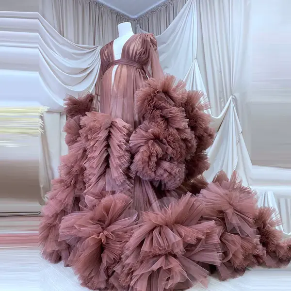 Real Images Puffy Ruffled Maternity Tulle Robes Any Color Custom Made Long Sleeves Big Rulffles Pregnancy Photo Shoot Dresses