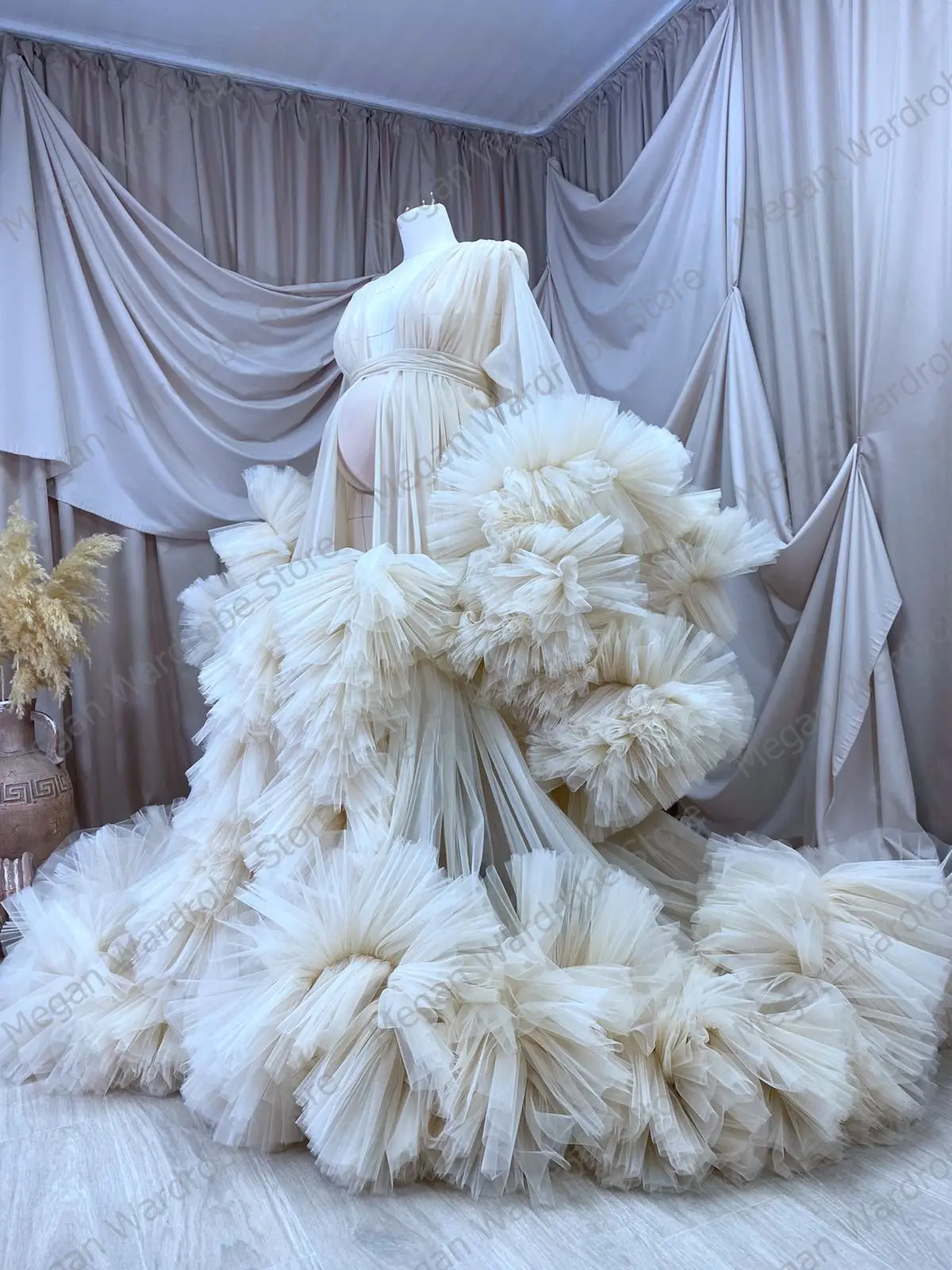 Real Images Puffy Ruffled Maternity Tulle Robes Any Color Custom Made Long Sleeves Big Rulffles Pregnancy Photo Shoot Dresses