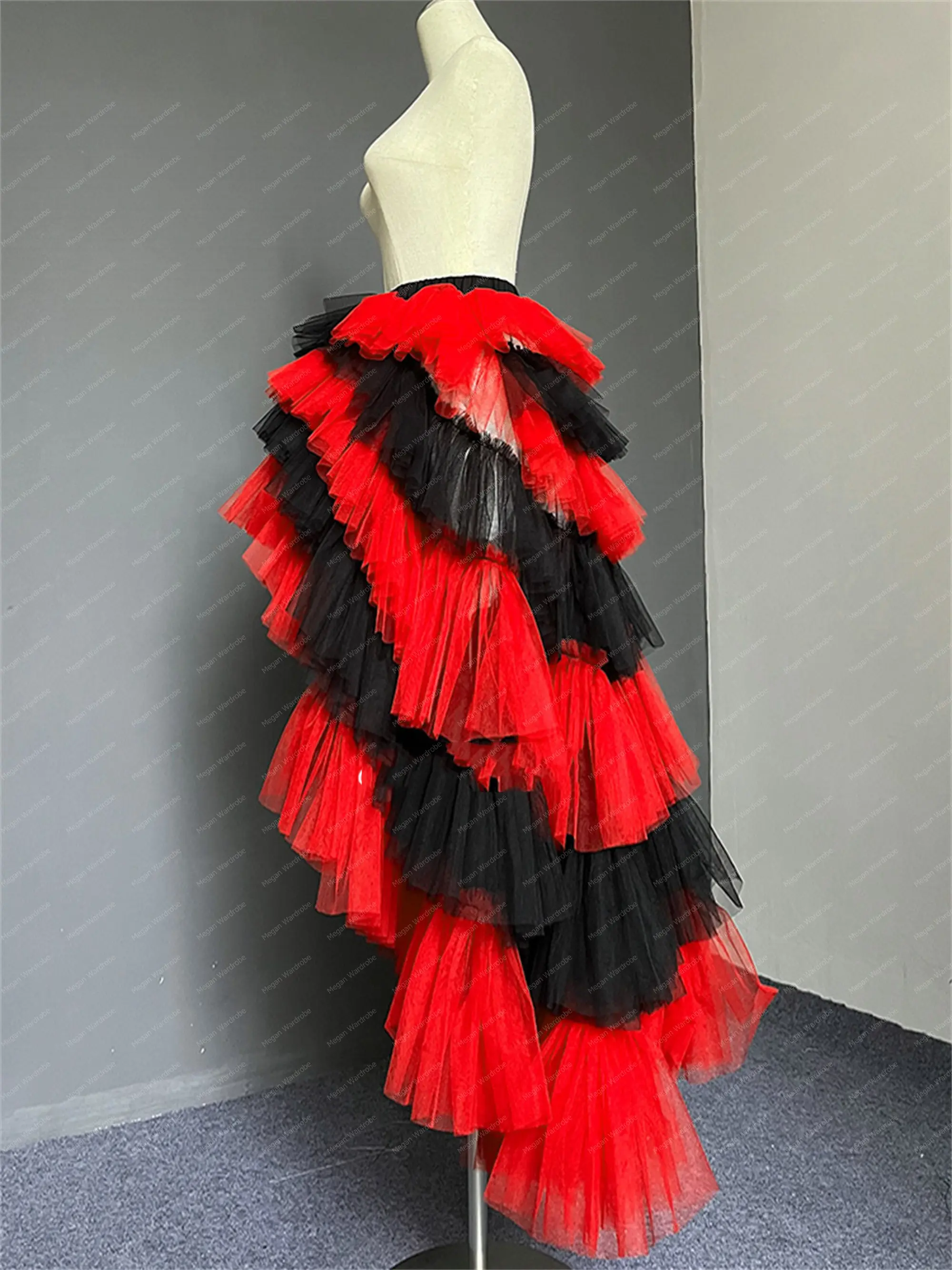 Custom Irregular Black And Red Tulle Skirts Hi Low   Detachable Layered Cake Skirt Bridal Skirts For Prom Party   Attached Train
