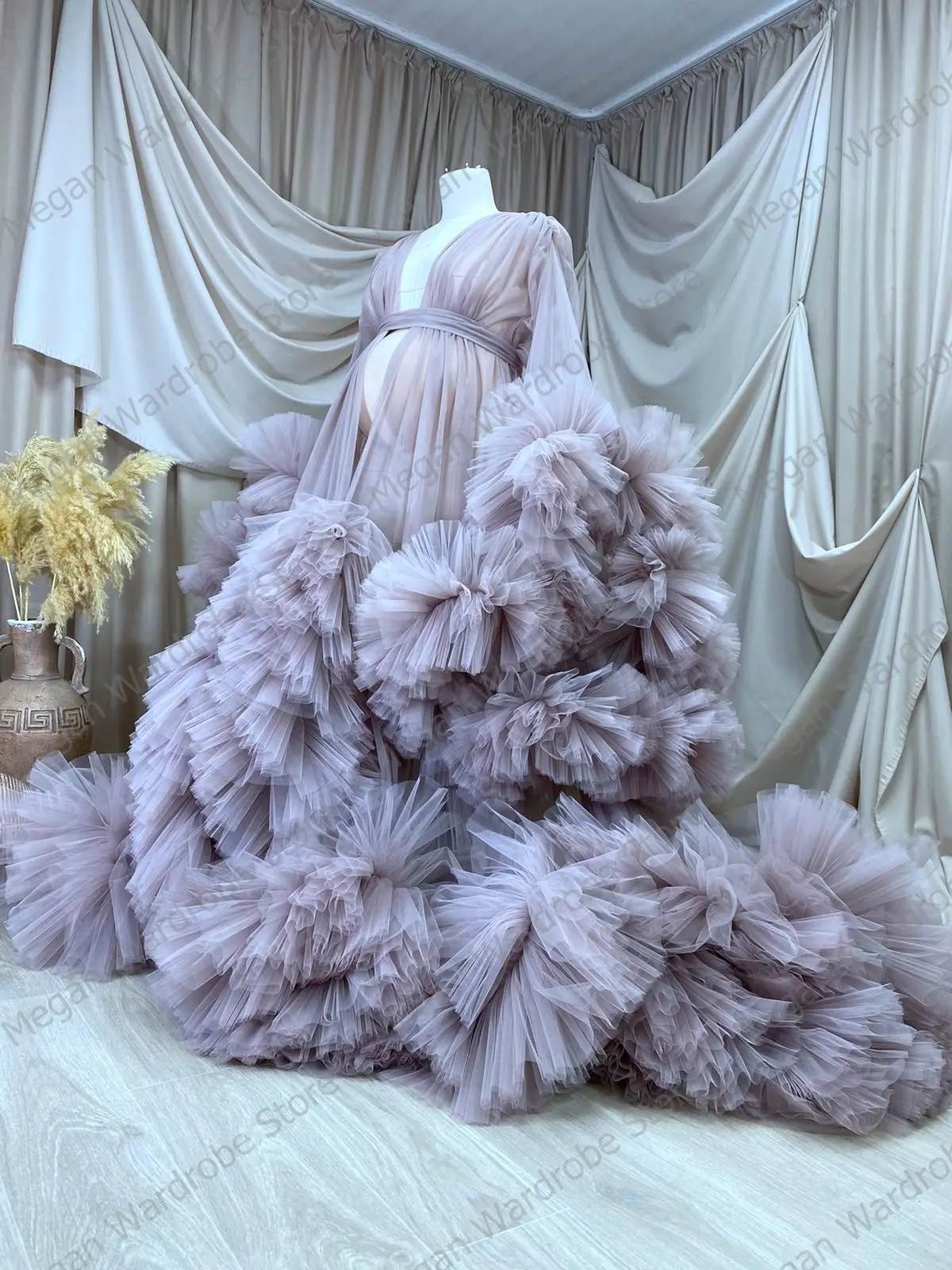Real Images Puffy Ruffled Maternity Tulle Robes Any Color Custom Made Long Sleeves Big Rulffles Pregnancy Photo Shoot Dresses