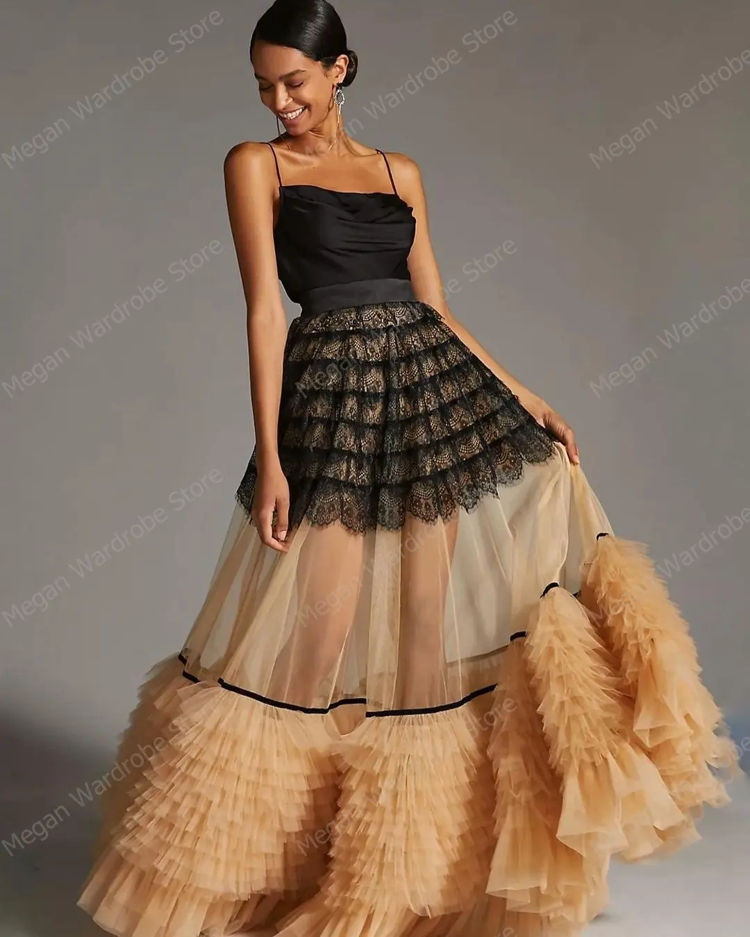 Elegant Ruffles Pleated Tulle Summer Skirts Women Black Lace Long Casual Skirt Elastic Waist Boho Beach Maxi Skirts Saias Femme