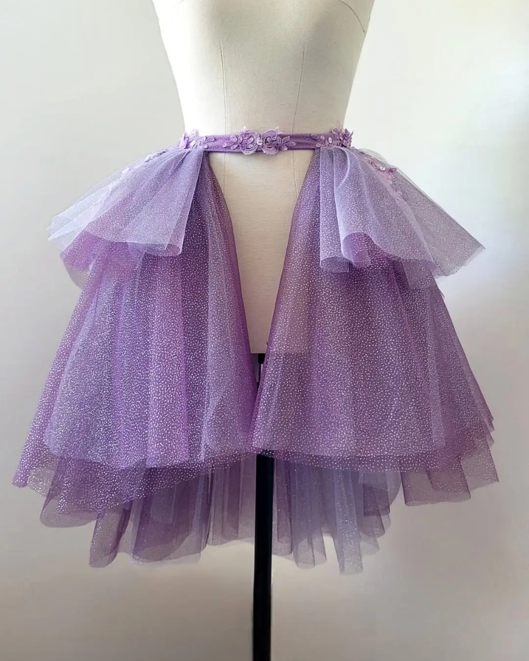 Shiny Purple Flower Lace Appliques Tiered Tutu Skirts 2025 Women Ruffled Tulle Mini Casual Skirt Detachable Overskirt Customized