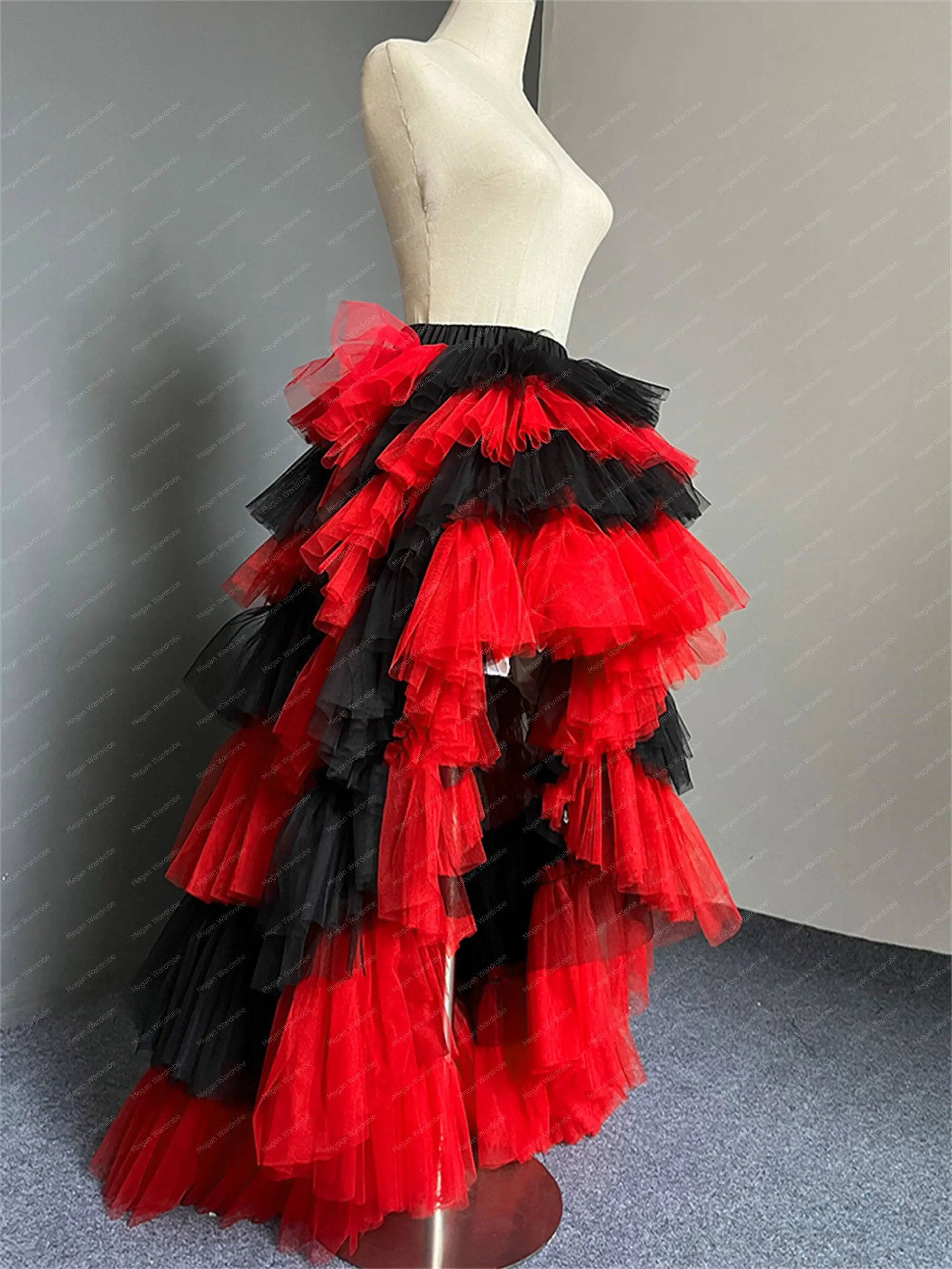 Custom Irregular Black And Red Tulle Skirts Hi Low   Detachable Layered Cake Skirt Bridal Skirts For Prom Party   Attached Train