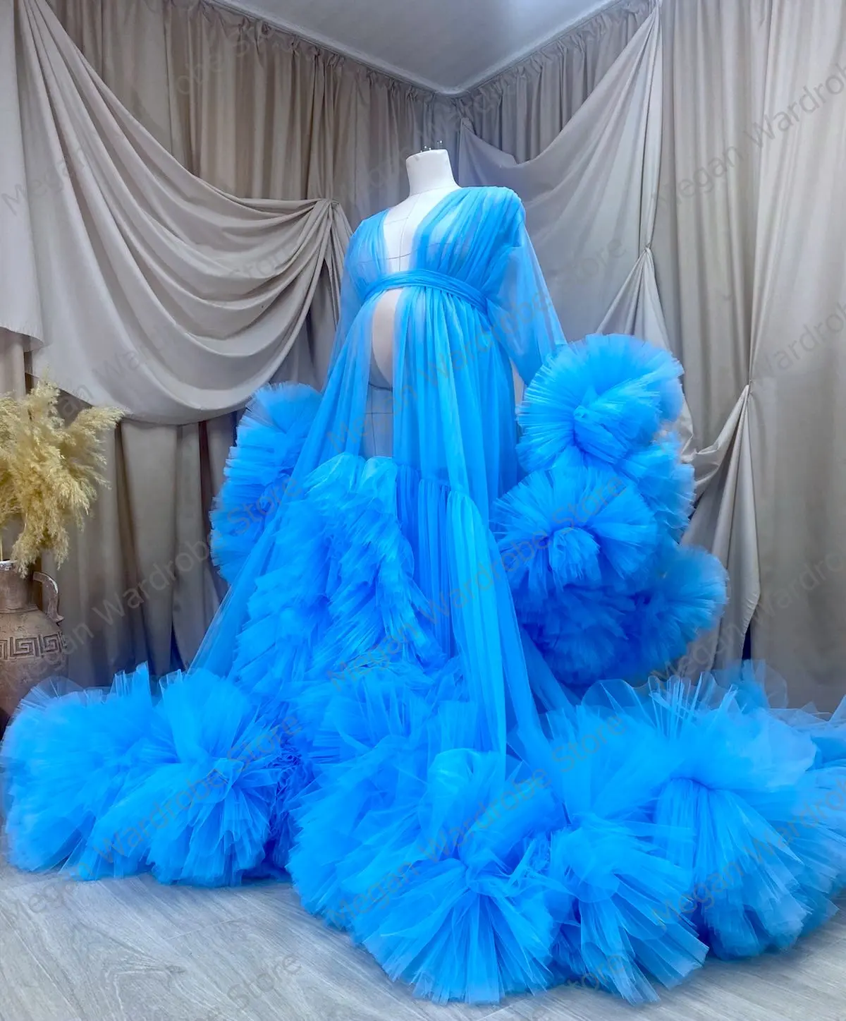 Real Images Puffy Ruffled Maternity Tulle Robes Any Color Custom Made Long Sleeves Big Rulffles Pregnancy Photo Shoot Dresses