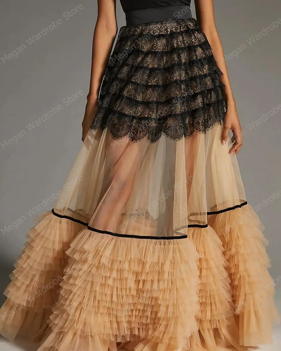 Elegant Ruffles Pleated Tulle Summer Skirts Women Black Lace Long Casual Skirt Elastic Waist Boho Beach Maxi Skirts Saias Femme
