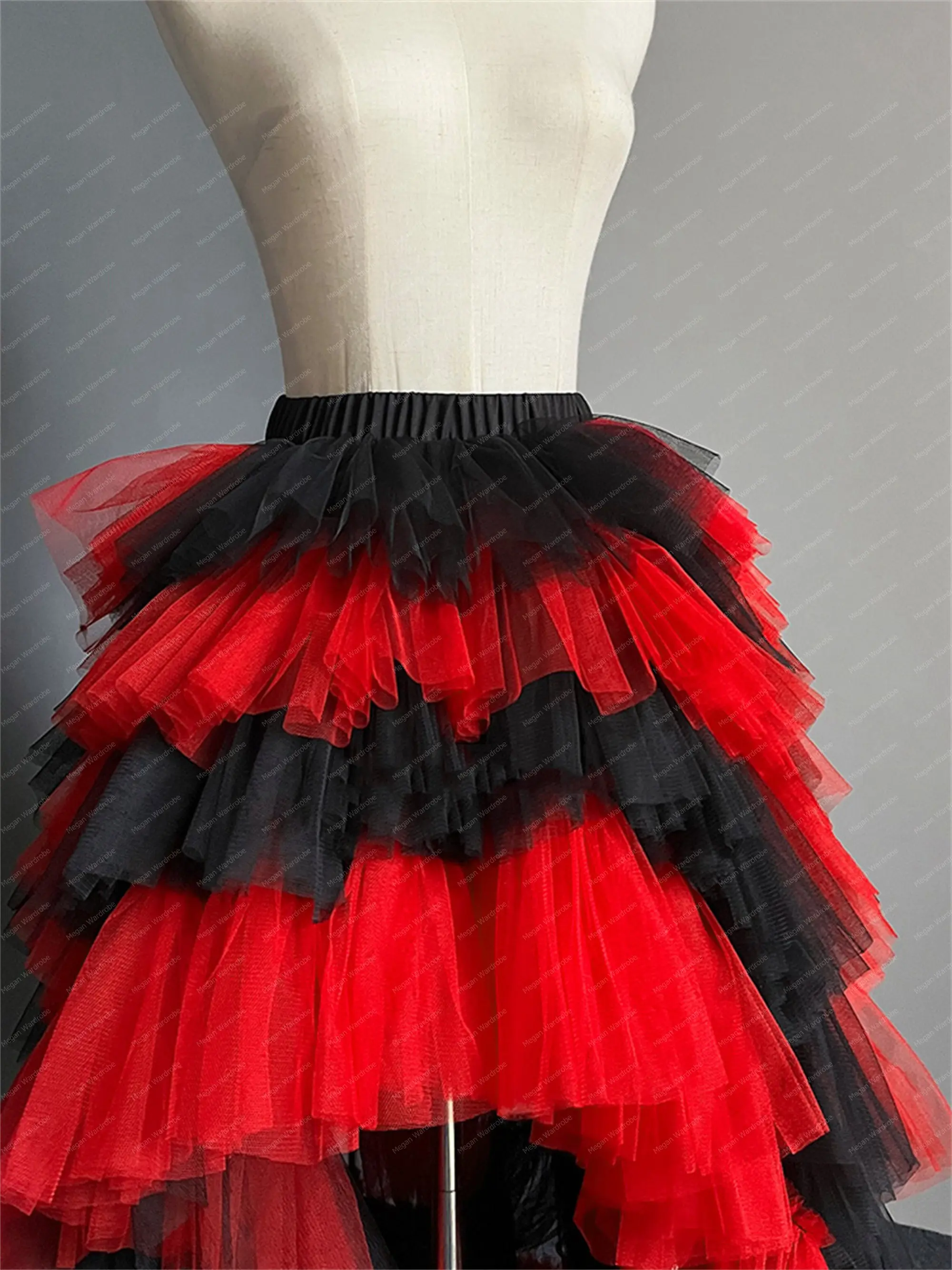 Custom Irregular Black And Red Tulle Skirts Hi Low   Detachable Layered Cake Skirt Bridal Skirts For Prom Party   Attached Train