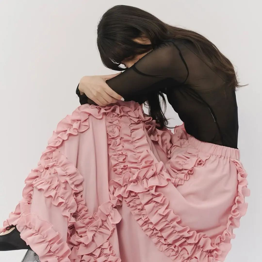 Chic Blush Pink Ruffles Pleats Women Skirts Fashion Chiffon Elastic Waist Draped A-line Spring Skirt Custom Made Ankle Length