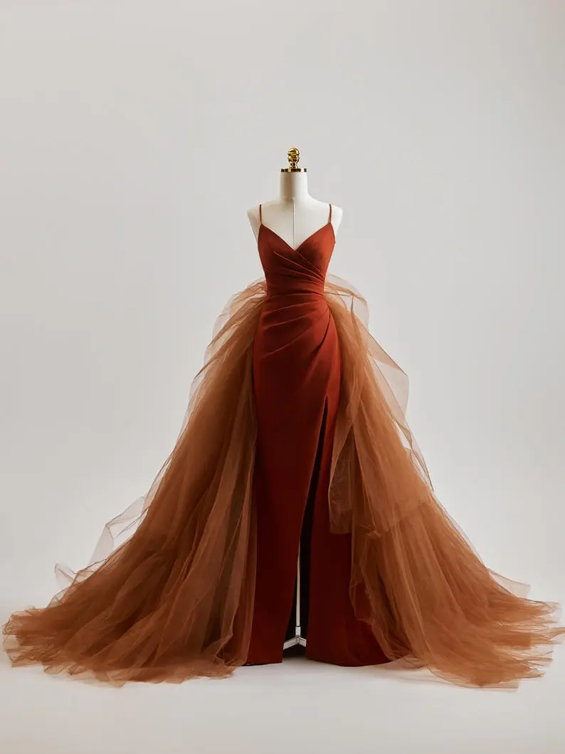 Elegant Tulle Overlay Skirt with Velvet Base High Slit Design for Women Formal Occasions A Line Skirt Puffy Skirts 2025