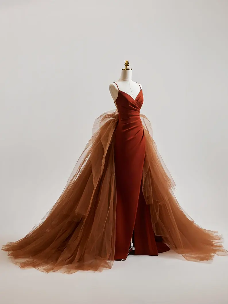 Elegant Tulle Overlay Skirt with Velvet Base High Slit Design for Women Formal Occasions A Line Skirt Puffy Skirts 2025