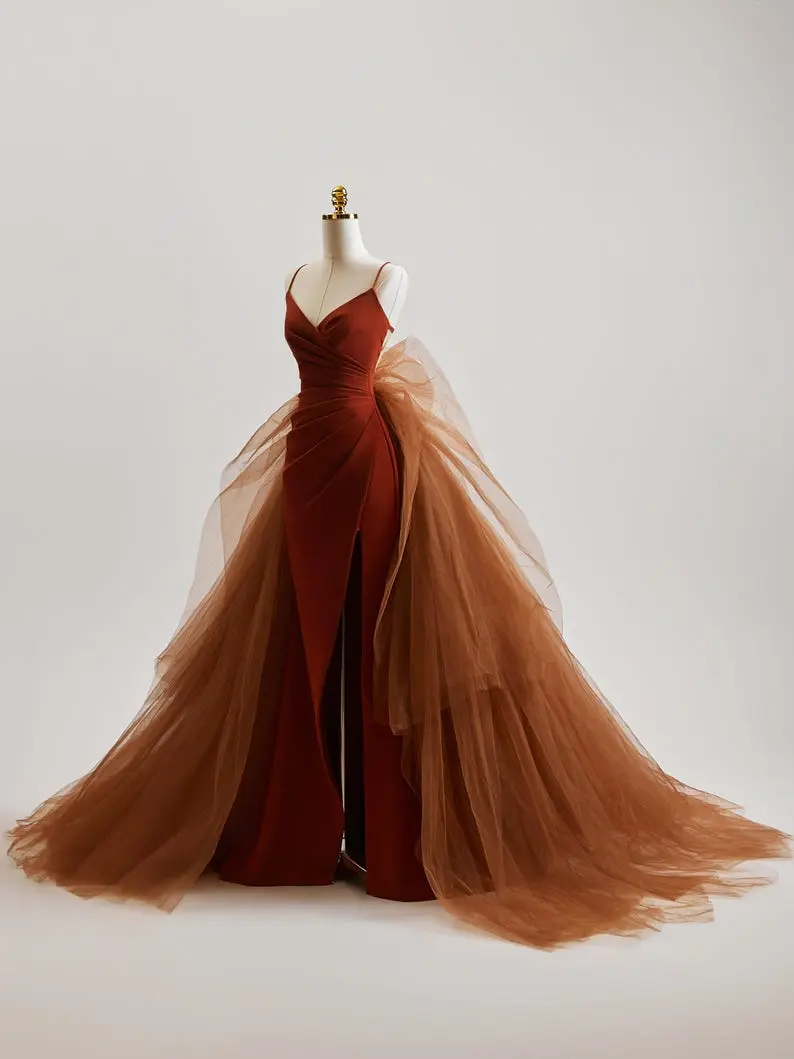 Elegant Tulle Overlay Skirt with Velvet Base High Slit Design for Women Formal Occasions A Line Skirt Puffy Skirts 2025