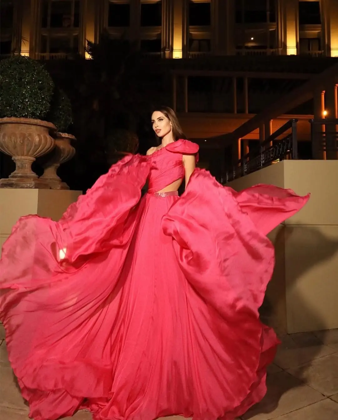 Eye-Catching Rose Red Two Pieces Sets Women Summer Dresses High Waist A-Line Long Skirts Beautiful Chiffon Long Dress Customized