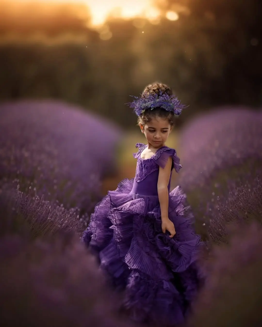 Purple Flower Girl Wedding Dress Ruffles Pleated Tulle Ball Gown Gorgeous Princess Birthday Beauty Pageant Dress Customized 2025