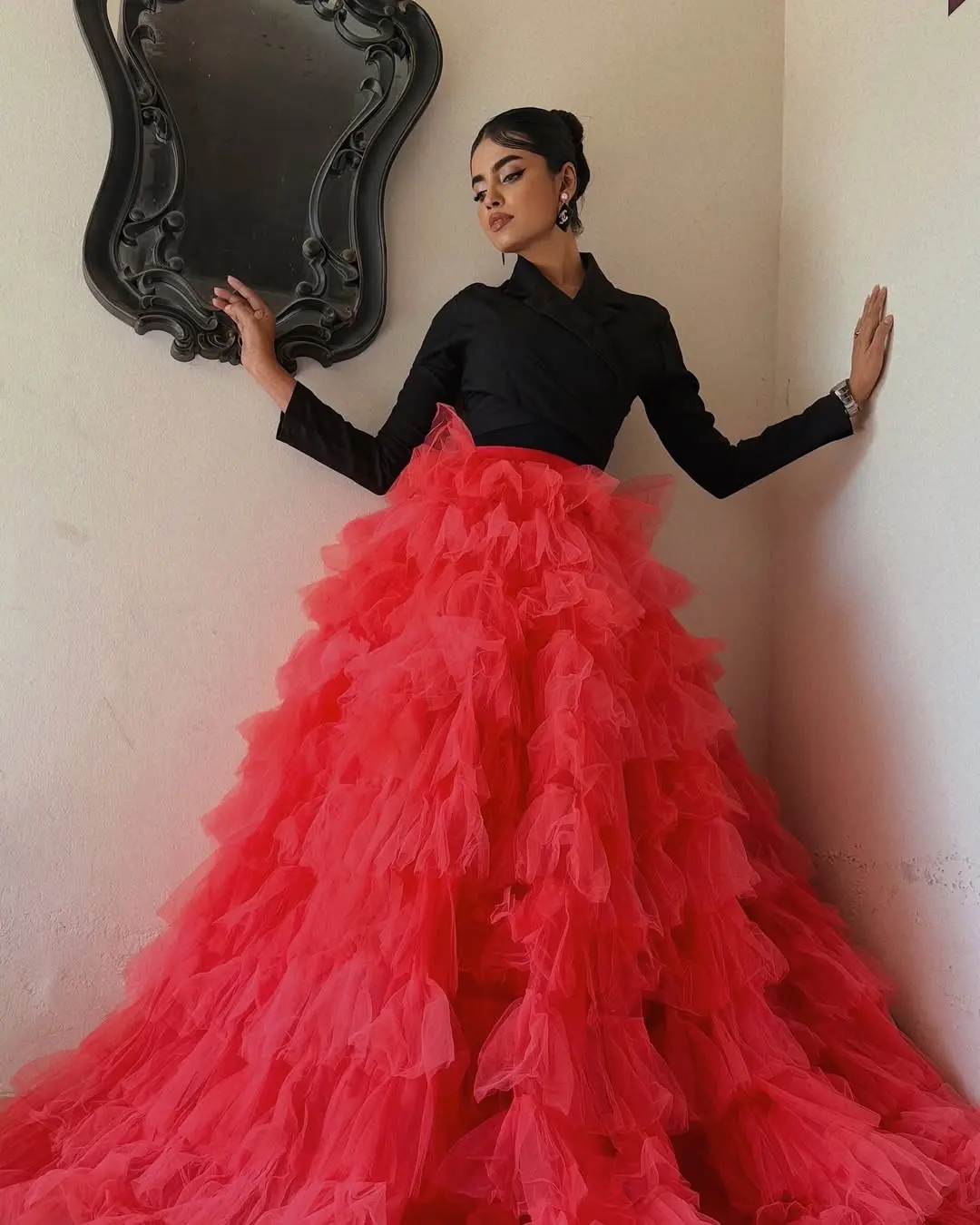 Tulle Ruffle Maxi Skirt High Waist Layered Tutu Skirt for Party Wedding Prom Evening Wear Fashionable Red Skirt Layered Tulle