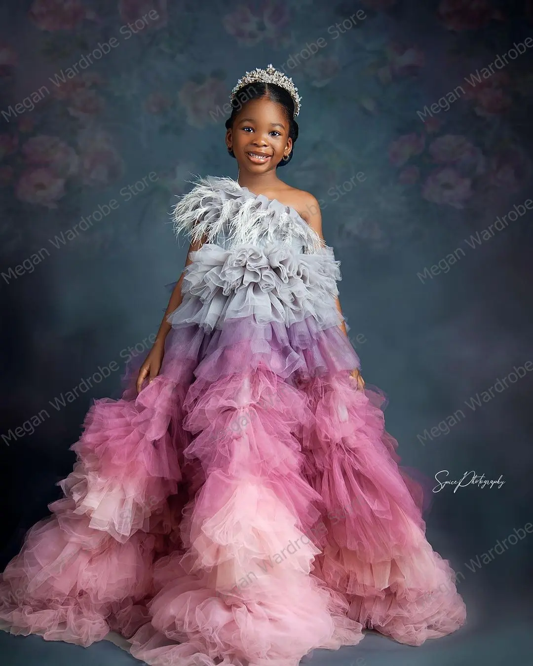 Newest Colorful Tiered Ruffled Tulle Dresses For Girls Pretty One Shoulder Long Floor Length Tulle Dress With Feather Kids Dress