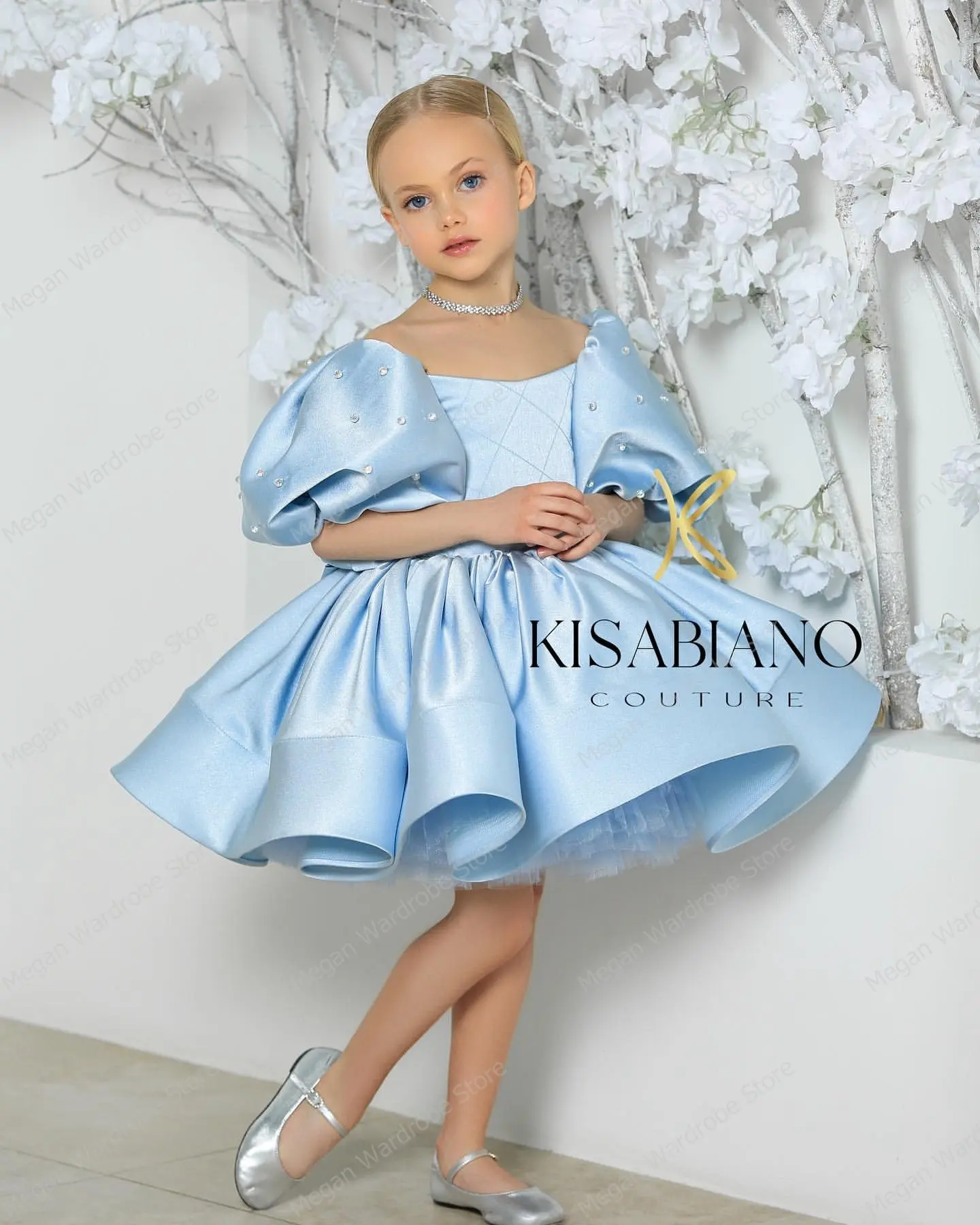 Beauty Sky Blue A-line Puffy Sleeve Diamond Satin Dress Kids Mini Length Little Girls Dresses Tulle Lining Short Party Ball Gown