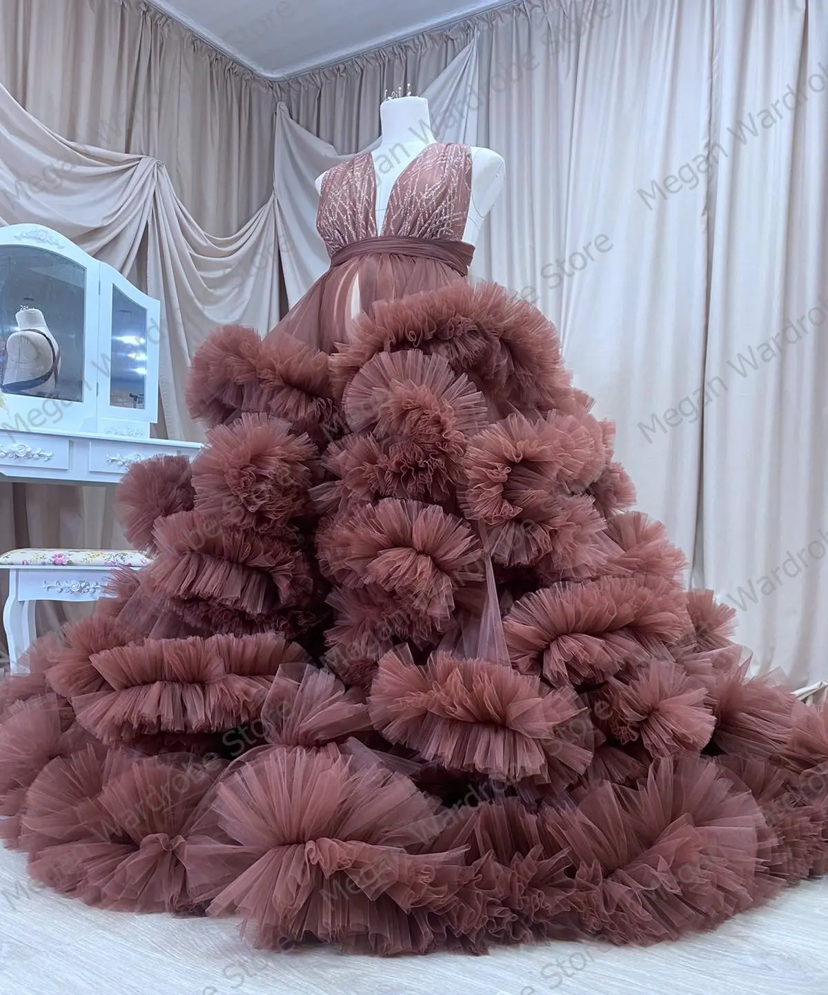Puffy Ruffled Maternity Tulle Robes Plus Size Sexy V-Neck Sleeveless Big Rulffles Pregnancy Photo Shoot Dresses Women Real Image
