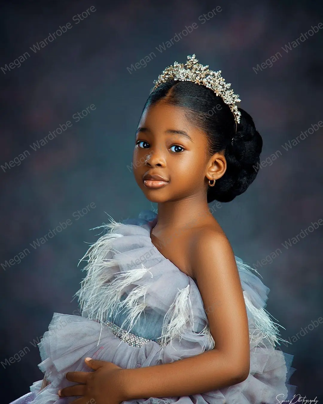 Newest Colorful Tiered Ruffled Tulle Dresses For Girls Pretty One Shoulder Long Floor Length Tulle Dress With Feather Kids Dress
