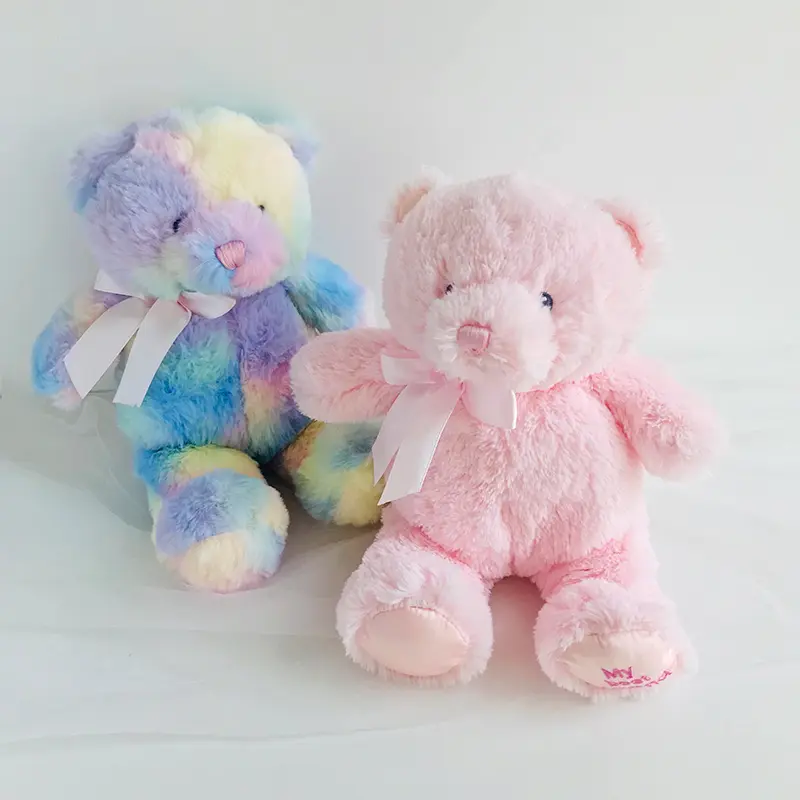 25cm Fluffy Adorable Soft Brown and Blue Stuffed Teddy Bear Plush Toys with Bows Baby Gifts for Kids and Girls Room Decoration
